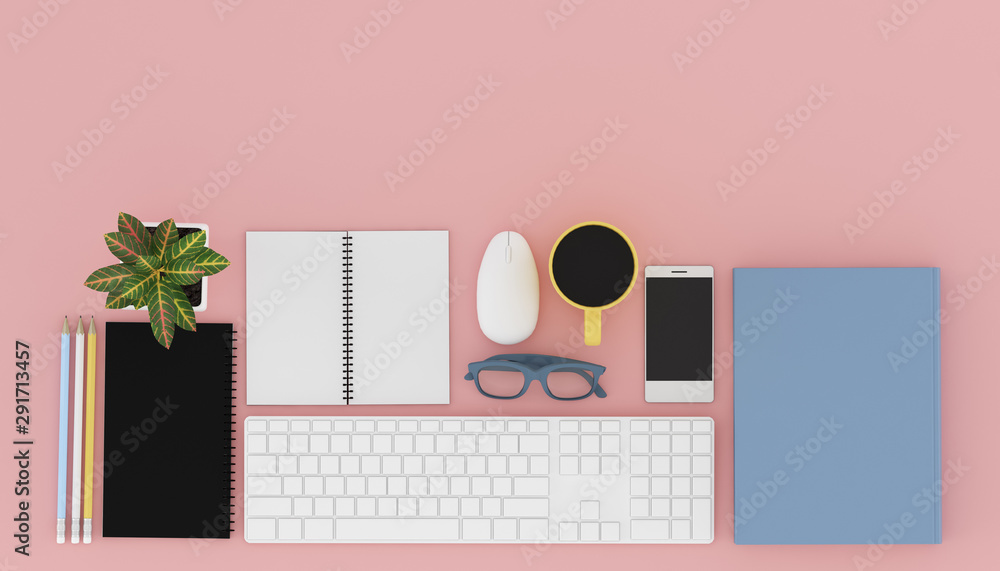 Poster Top view of workplace with accessories,business text space on table,Notebook,keyboard,cup of black coffee,pencils and computer. 3D rendering.