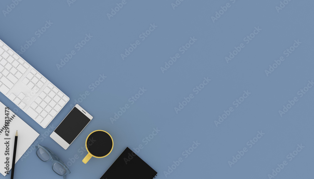 Poster Top view of workplace with accessories,business text space on table,Notebook,keyboard,cup of black coffee,pencils and computer. 3D rendering.