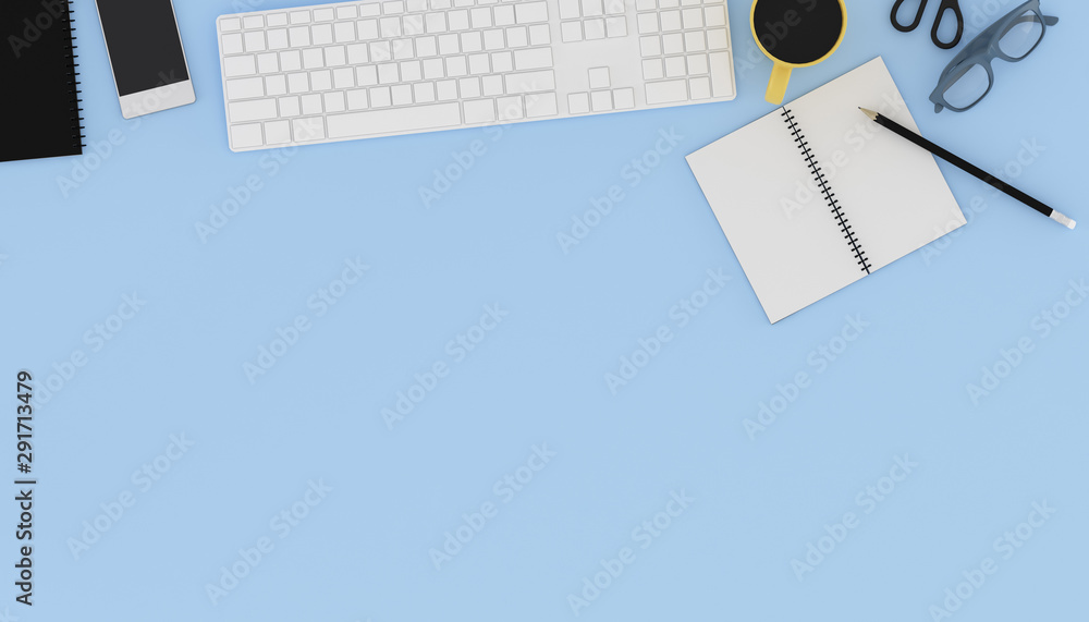 Poster Top view of workplace with accessories,business text space on table,Notebook,keyboard,cup of black coffee,pencils and computer. 3D rendering.