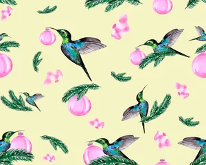 Stof per meter Vlinders Christmas background with Christmas tree branches, toys and hummingbirds. Festive illustration for gift wrapping, textiles or Wallpaper.