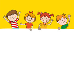 Cartoon Happy Children In Yellow Background Holding Blank Banner. Happy Kids And Banner Vector Illustration. Smiling Boys And Girls With Empty Poster.