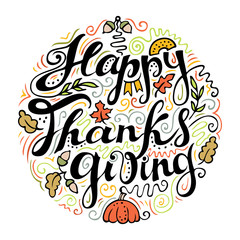 Happy Thanksgiving freehand lettering and colorful elements.