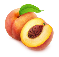 Composition with whole and halved peaches with leaves isolated on white background. As design element.