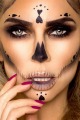 Sexy witch with Halloween skeleton make up - Image