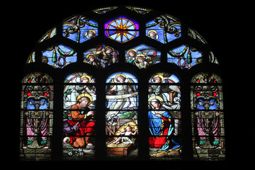 Nativity Scene, stained glass window in Saint-Eustache church, Paris, France