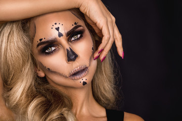 Sexy witch with Halloween skeleton make up - Image