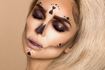 Halloween Sexy Witch portrait. Beautiful young woman in witches makeup with long curly colorful hair and bright lips. Wide Halloween party art design - Image