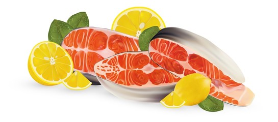 Fillet salmon with lemon and green leaf. Fresh seafood, steak salmon on white background. Slice red fish close up. Beautiful vector illustration.