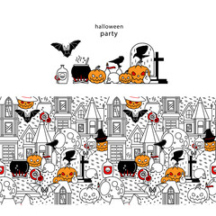 Halloween icon and seamless texture. Background with celebratory pumpkin, old house, crow, bat, drink potion, gift and candy, cauldron and moon on a white background. Autumn repeating pattern.