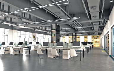 Interior of modern open space office in industrial style with gray walls  concrete floor  long computer tables with chairs and lounge area. 3d rendering