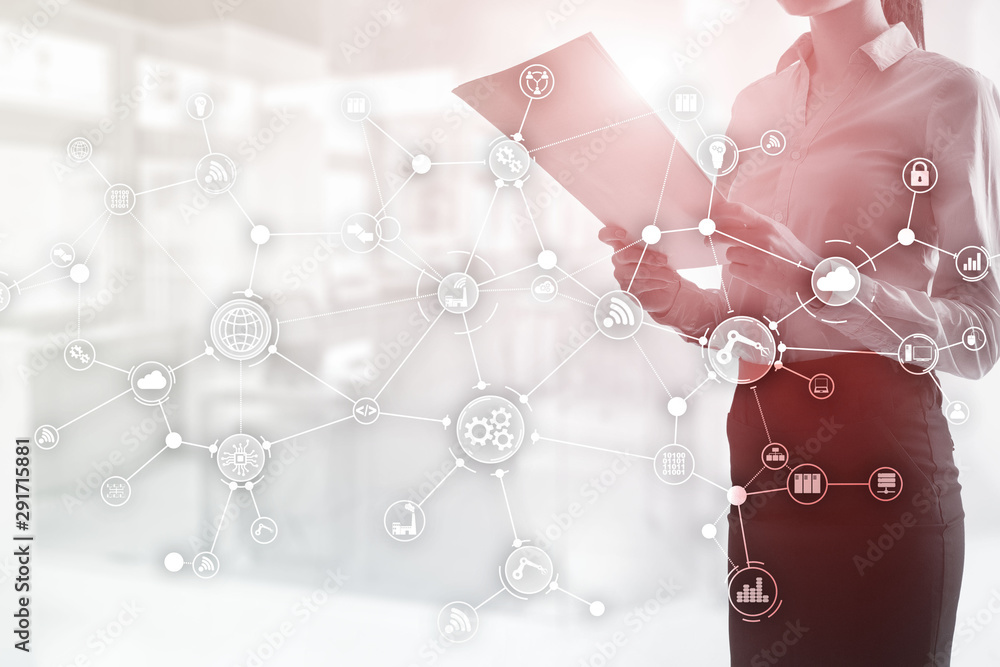 Poster technology industrial business process workflow organisation structure on virtual screen.