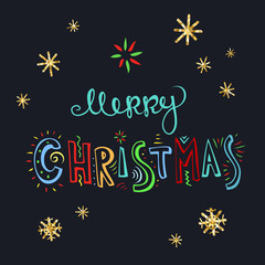 Merry Christmas card with childish style freehand lettering at black background and golden foil snowflakes.