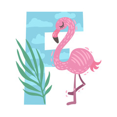 Cartoon flamingo with the letter F. Vector illustration on a white background.
