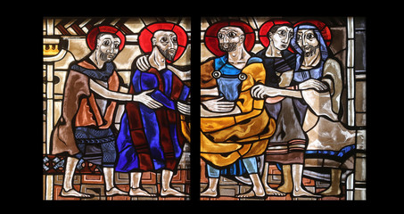 Scenes from the life of St. Paul, stained glass window in the parish church of St. Peter and Paul in Oberstaufen, Germany 