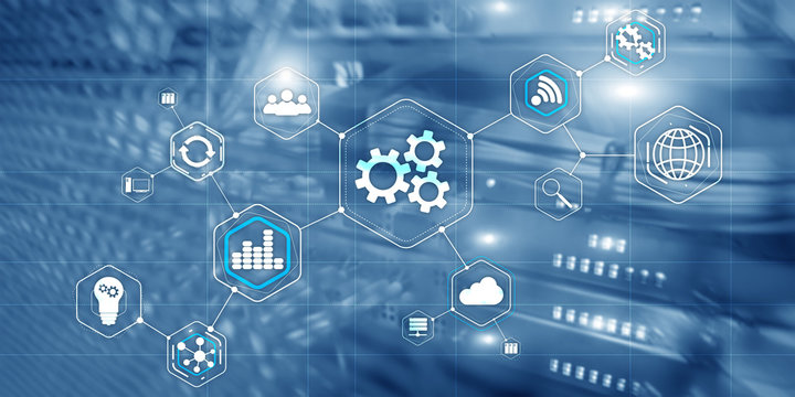 Cogwheel Gears abstract background business technology automation industry 4.0 concept of blurred modern city background.