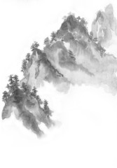 Background with mountains. Ink mountain. Black and white image. Ink Chinese mountain landscape. Mountains in the fog. Trees on the mountain. Ink image. Pines. Hill, mountain, peak