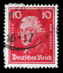 Stamp printed in the German Reich shows image of Friedrich der Grosse, third Hohenzollern king, reigning over the Kingdom of Prussia, series, circa 1926.