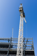 Fototapeta na wymiar Construction Crane in operation working on Steel framed building.