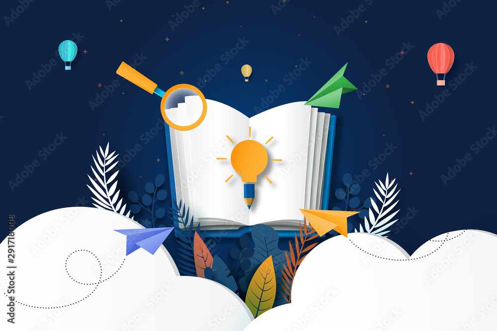 Poster open book with learning,education and explore concept paper art style landing page website template.