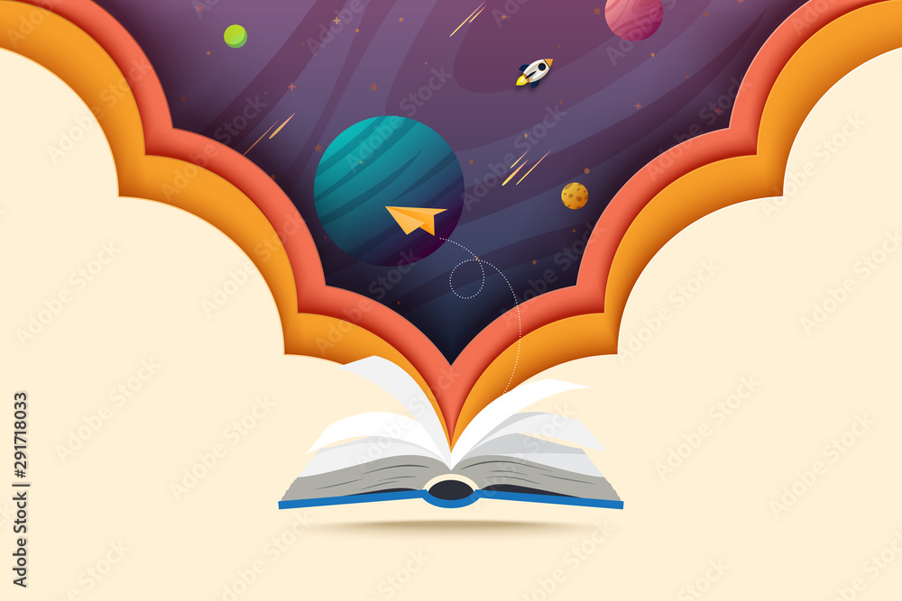 Poster Paper art of open book and explore to outer space.Concept of learning and education.Vector illustration.
