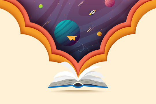 Paper art of open book and explore to outer space.Concept of learning and education.Vector illustration.