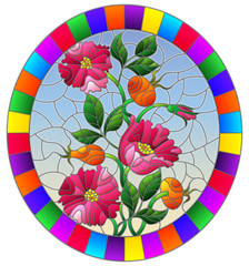 Illustration in stained glass style with flowers , berries and leaves of wild rose, oval image in bright frame 
