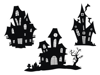 Set of haunted houses for Halloween. Collection of castles with monsters. Black house sieves. Vector illustration for kids. Tattoo.