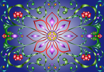 Illustration in stained glass style with abstract  swirls,flowers and leaves  on a blue background,horizontal orientation