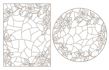 Set of contour illustrations in stained glass style with floral arrangements, dark contours on a white background