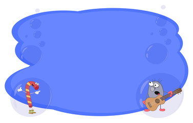Frame for text and notes with cartoon characters candy and guitar player on a blue background in bubbles. Vector for banner or card on a different topic.