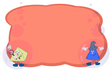 Frame for text and notes with cartoon characters cone and pyramid on an orange background in bubbles. Vector for banner or card on a different topic.