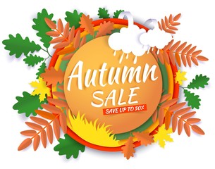 Autumn sale promotion banner, poster, vector paper cut illustration