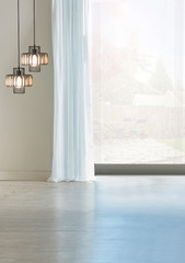 empty living room interior decoration modern lamp and wooden floor, stone wall concept. decorative background for home, office, hotel