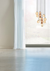 empty living room interior decoration modern lamp and wooden floor, stone wall concept. decorative background for home, office, hotel