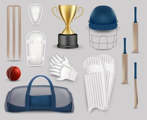 Cricket game equipment set, vector isolated illustration