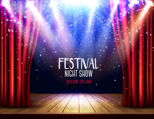 A theater stage with a red curtain and a spotlight. Festival night show background. Vector. - obrazy, fototapety, plakaty