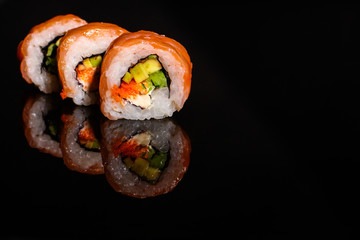 sushi rolls, traditional Japanese food (rice, nori and seafood) menu concept. food background. copy space. Top view