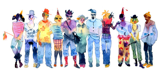 People, youth, watercolor illustration. People at the party. Holiday, carnival, New Year. Drawings on a white background. - 291723403
