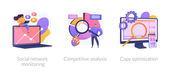 Internet advertisement analytics icons set. SEO solutions search. Social network monitoring, competitive analysis, copy optimization metaphors. Vector isolated concept metaphor illustrations. - obrazy, fototapety, plakaty