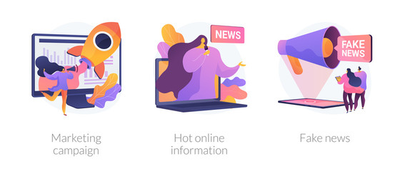 Press and mass media icons set. Propaganda newscast, untruth information spread. Yellow press, hot online information, fake news metaphors. Vector isolated concept metaphor illustrations.