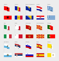 The countries of southern Europe. Flags. Albania, Andorra, Bosnia and Herzegovina, Greece, Croatia, Italy, Malta, Montenegro, Northern Macedonia, Portugal, San Marino, Serbia, Slovenia, Spain, Vatican