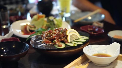 Spicy salmon salad Thai Japanese fusion cuisine