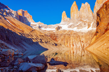Morning view of Torres mountains. Torres del Paine national park. Chile.