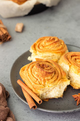 Cinnamon rolls (Cinnabon) on a plate with hot chocolate or cocoa drink. Kanelbullens dag.
