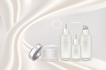 Beauty product ad design, white cosmetic containers with collagen solution advertising background ready to use, luxury skin care banner, illustration vector.