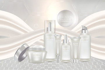Beauty product ad design, white cosmetic containers with collagen solution advertising background ready to use, luxury skin care banner, illustration vector.