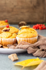 Sweet pumpkin or carrot muffins with fall spices. Autumn dessert. Healthy baking concept. Copy space.