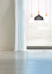 empty living room interior decoration modern lamp and wooden floor, stone wall concept. decorative background for home, office, hotel