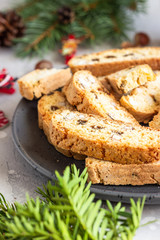Italian homemade biscotti cookies or cantuccini with hazelnuts. Christmas or New year concept.