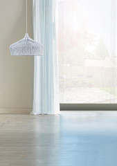 empty living room interior decoration modern lamp and wooden floor, stone wall concept. decorative background for home, office, hotel